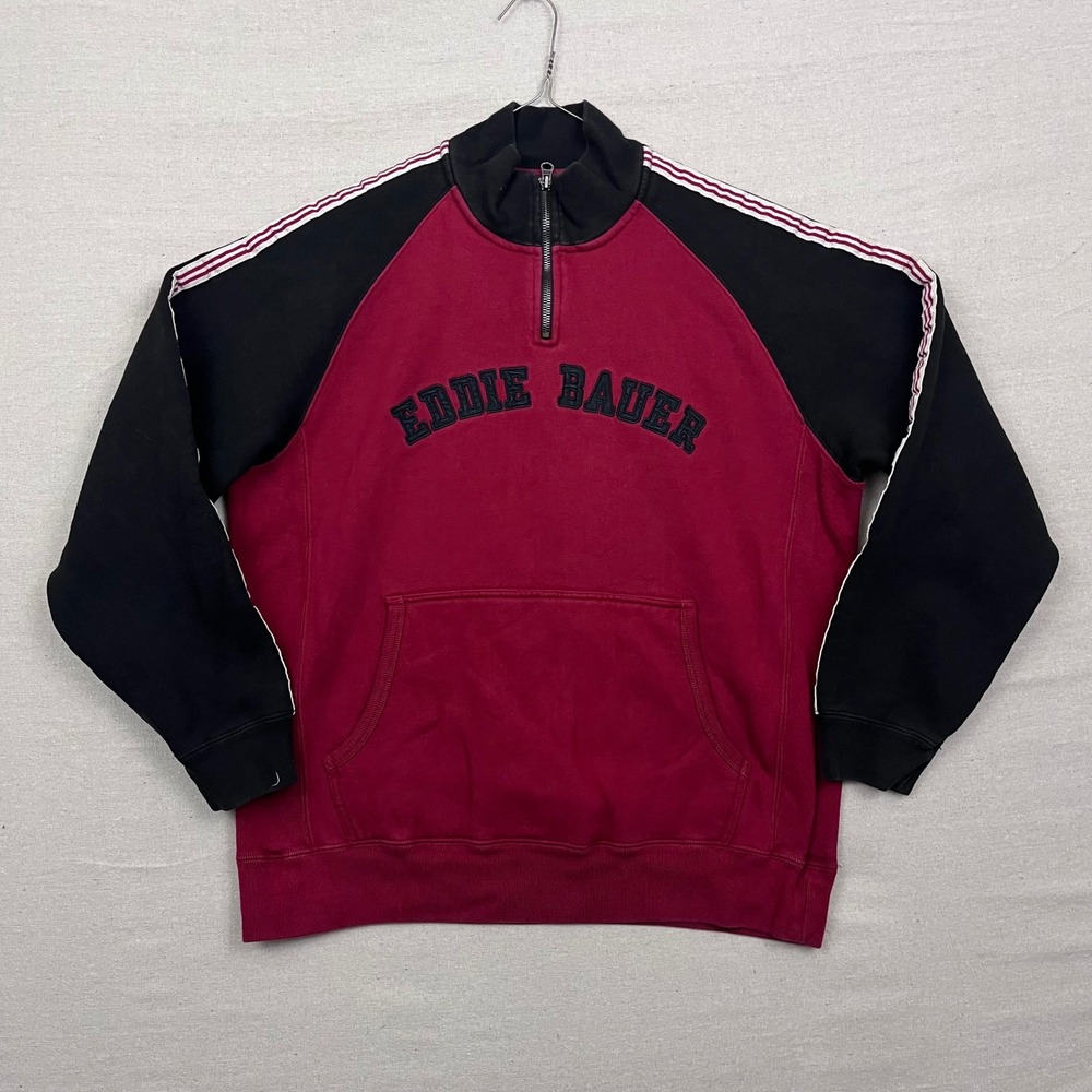 Eddie Bauer Sport Shop Pullover Sweatshirt Burgundy Black‎ Quarter Zip Men's M